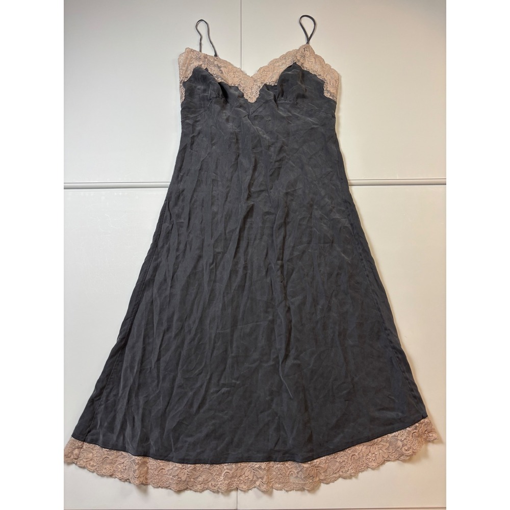 Victorias Secret Vintage 100% Silk Lace Trim Slip Dress Charcoal Gray Medium Y2K